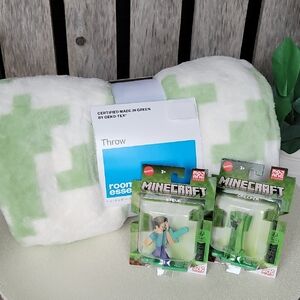 Room Essentials Green and White Throw with Minecraft Figures